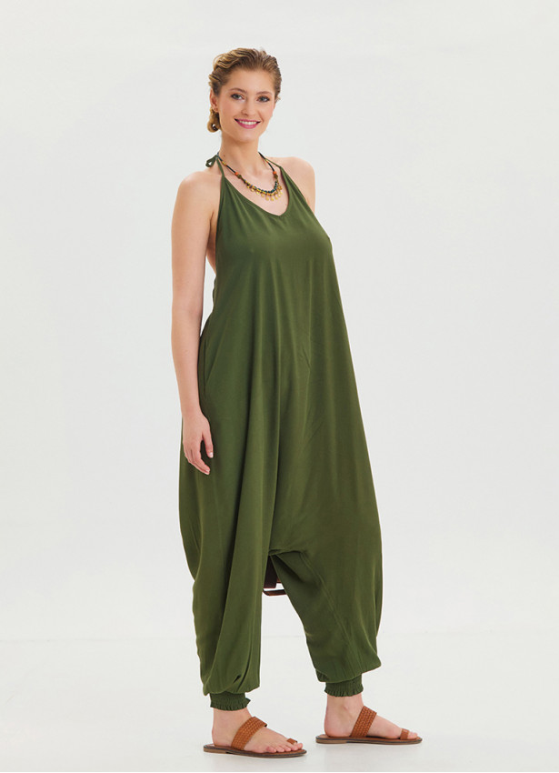 Khaki Bohemian Jumpsuit with Elasticated Legs and Tied Neck 4483